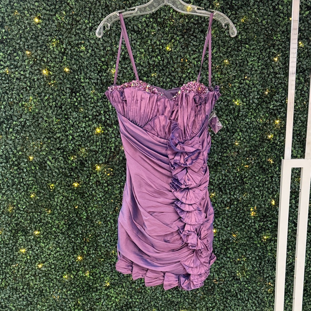 Mac Duggal Purple Ruched Strapless Cocktail Prom Dress with Beaded Bodice
